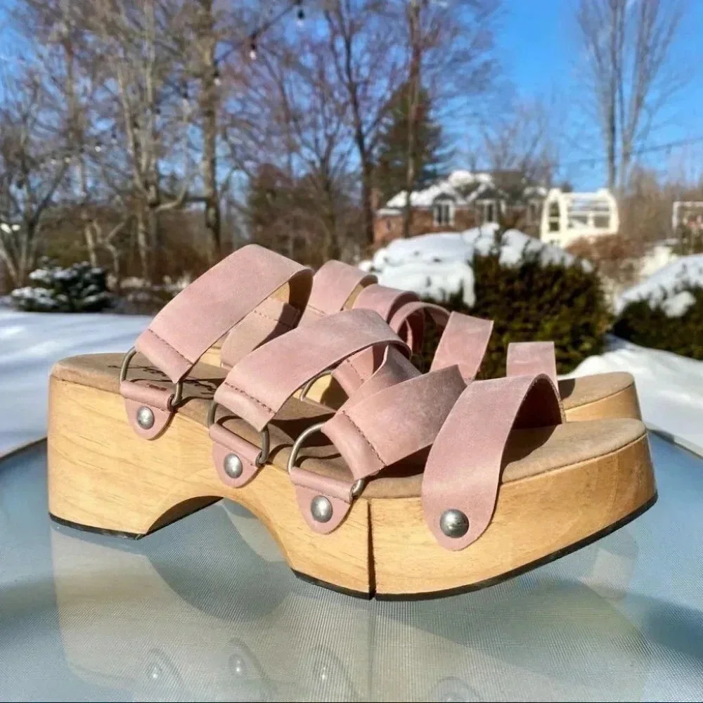 New Free People Virgo Switchback Suede Platform Sandals Pink US 10